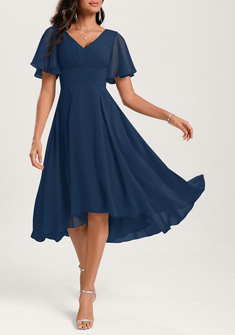 Navy Blue A-line V-Neck Ruffled Asymmetrical Georgette Dress