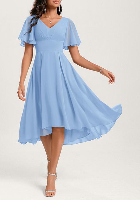 Light Blue A-line V-Neck Ruffled Asymmetrical Georgette Dress