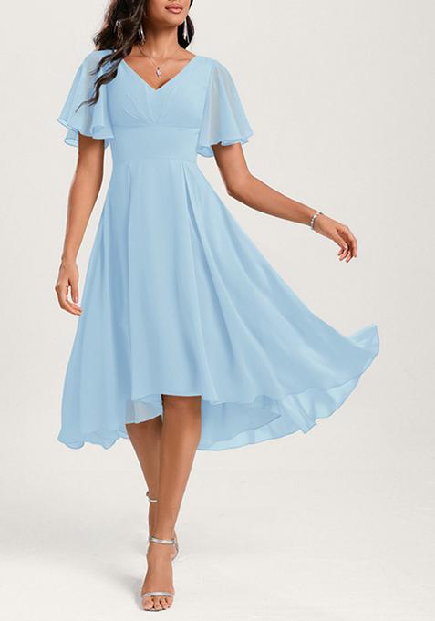 Sky Blue A-line V-Neck Ruffled Asymmetrical Georgette Dress