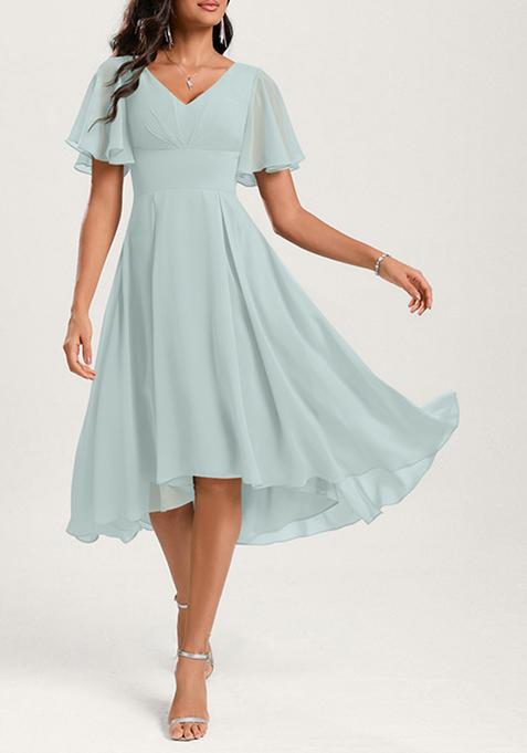 Sky Blue A-line V-Neck Ruffled Asymmetrical Georgette Dress