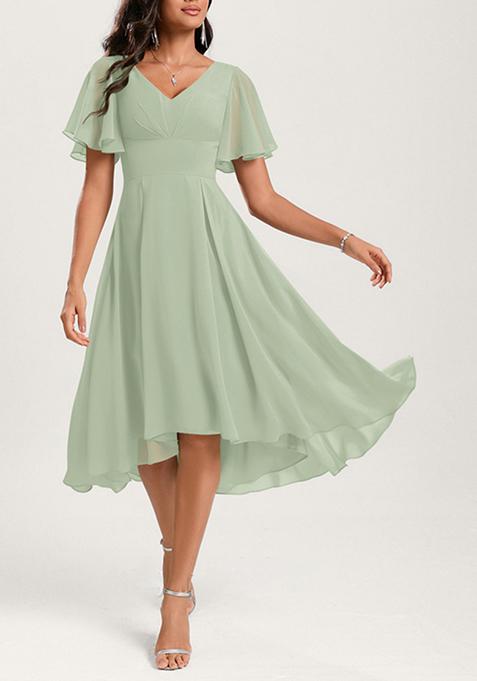 Pale Green A-line V-Neck Ruffled Asymmetrical Georgette Dress