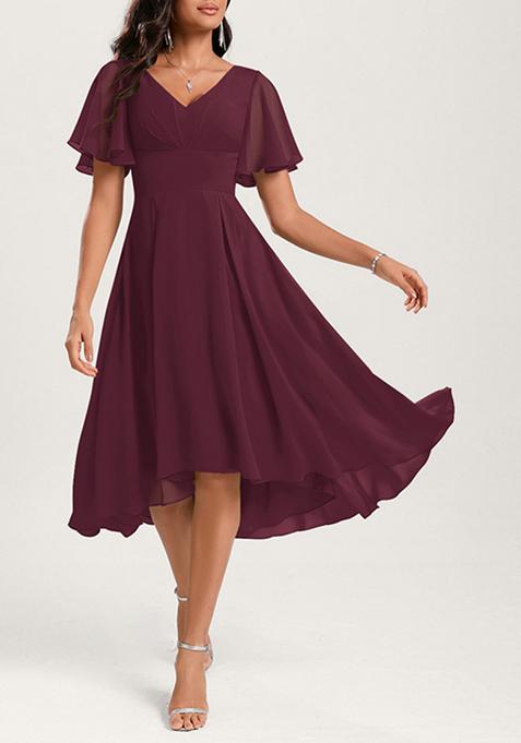 Wine A-line V-Neck Ruffled Asymmetrical Georgette Dress