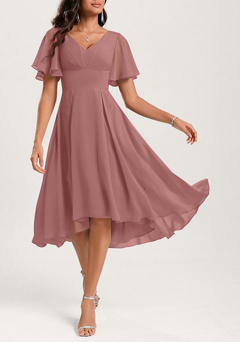 Desert Rose A-line V-Neck Ruffled Asymmetrical Georgette Dress