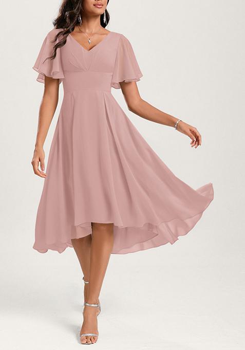 Sandy Pink A-line V-Neck Ruffled Asymmetrical Georgette Dress