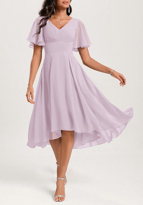 Dusty Lavender A-line V-Neck Ruffled Asymmetrical Georgette Dress