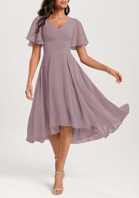 Dusty Purple A-line V-Neck Ruffled Asymmetrical Georgette Dress