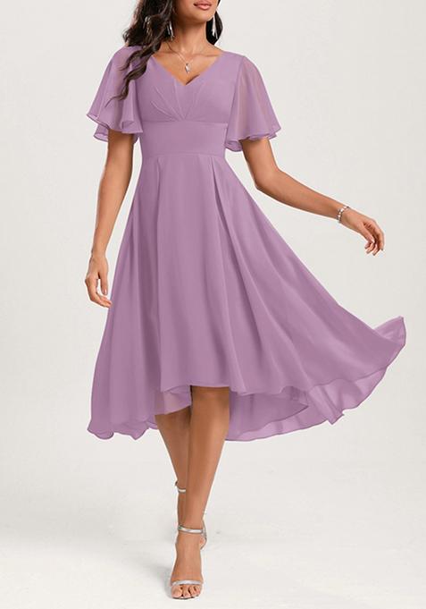 Lavender A-line V-Neck Ruffled Asymmetrical Georgette Dress