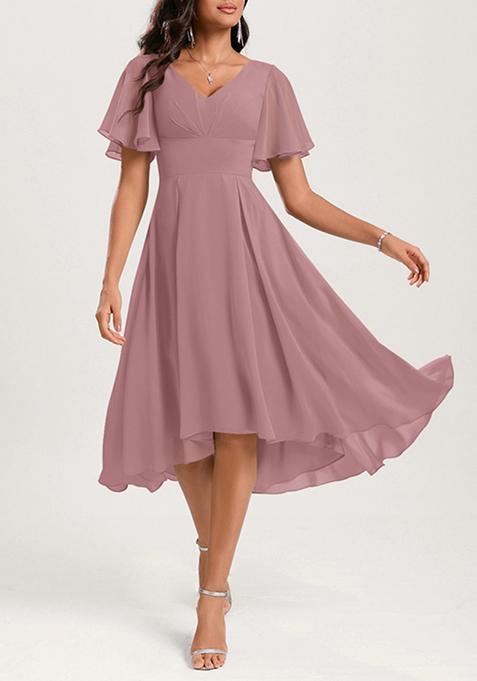 Vintage Mauve A-line V-Neck Ruffled Asymmetrical Georgette Dress