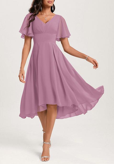 Mauve A-line V-Neck Ruffled Asymmetrical Georgette Dress