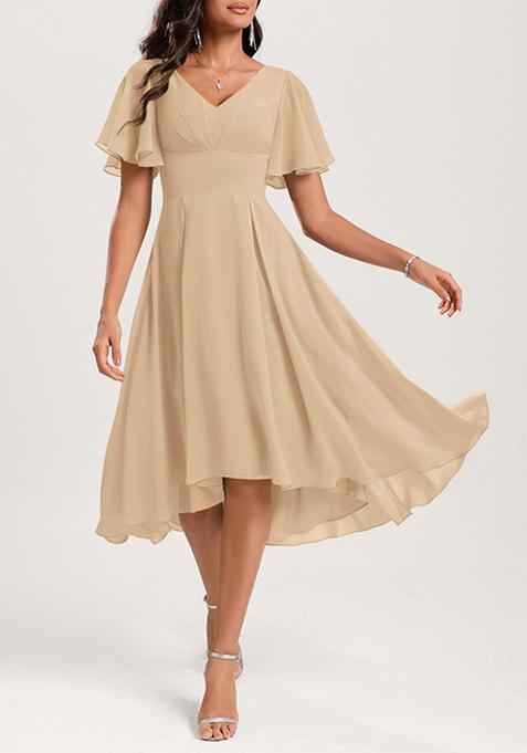 Beige A-line V-Neck Ruffled Asymmetrical Georgette Dress