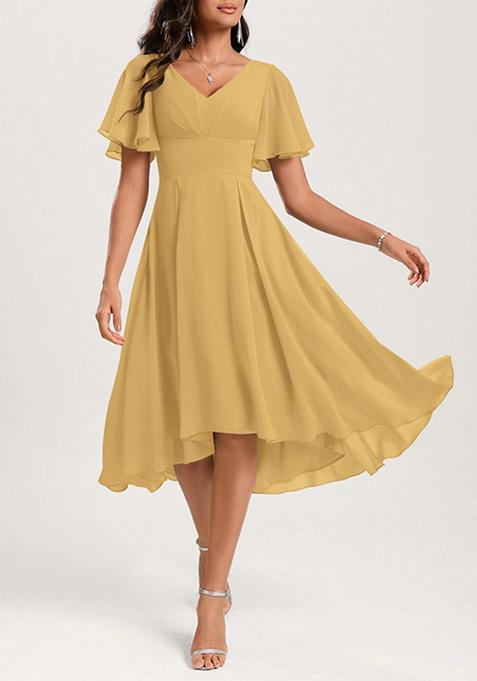 Golden A-line V-Neck Ruffled Asymmetrical Georgette Dress