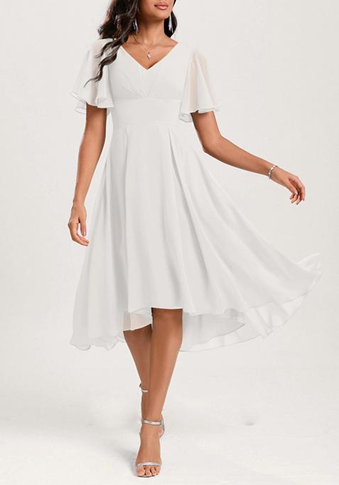 Ivory A-line V-Neck Ruffled Asymmetrical Georgette Dress