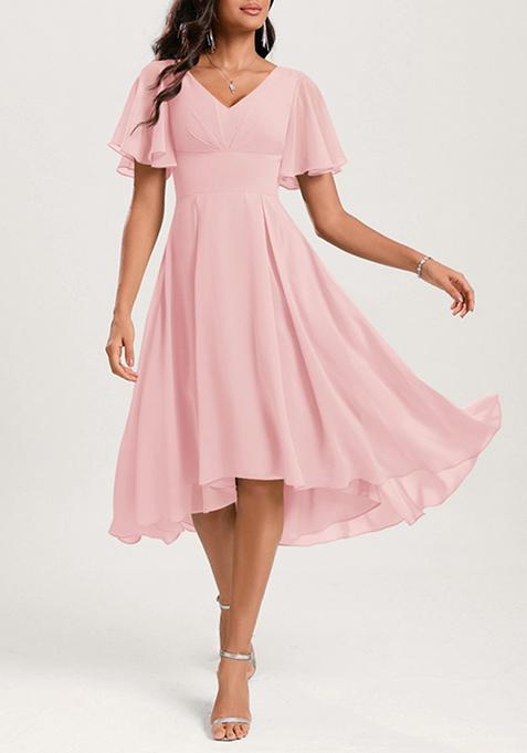 Petal Pink A-line V-Neck Ruffled Asymmetrical Georgette Dress