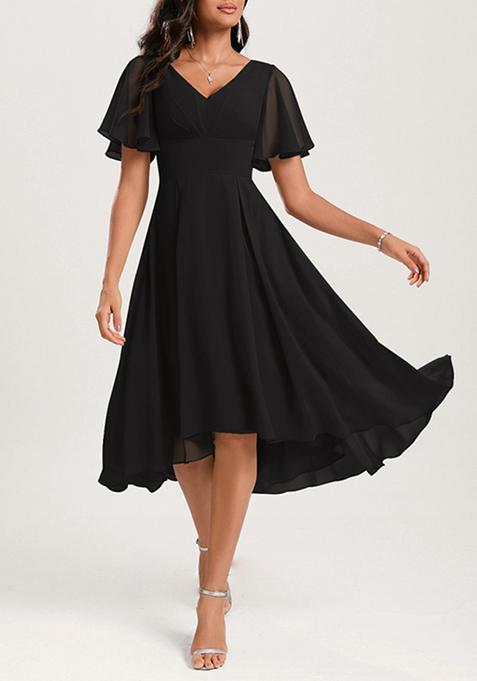 Black A-line V-Neck Ruffled Asymmetrical Georgette Dress