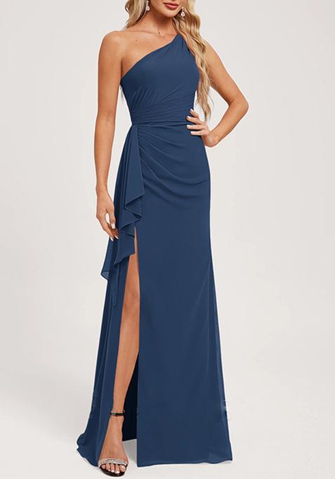 Navy Blue A-line One Shoulder Floor-Length Ruffled Georgette Gown