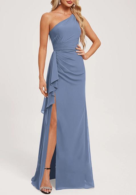 Slate Blue A-line One Shoulder Floor-Length Ruffled Georgette Gown