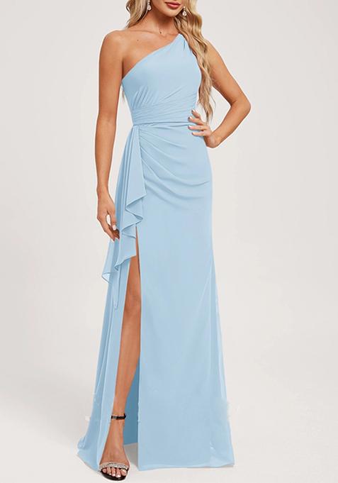 Sky Blue A-line One Shoulder Floor-Length Ruffled Georgette Gown