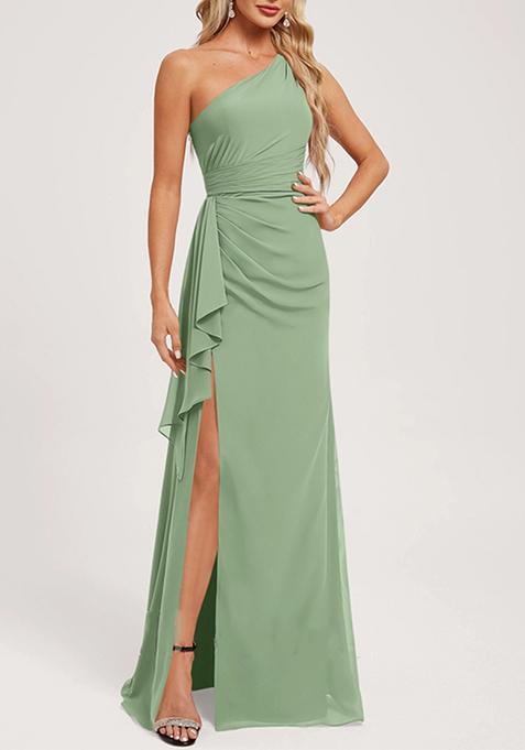 Basil Green A-line One Shoulder Floor-Length Ruffled Georgette Gown