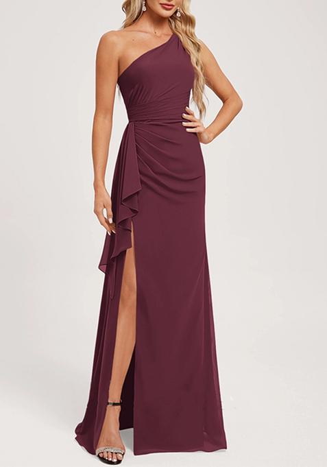 Wine A-line One Shoulder Floor-Length Ruffled Georgette Gown