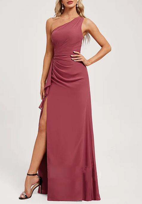 Deep Pink A-line One Shoulder Floor-Length Ruffled Georgette Gown