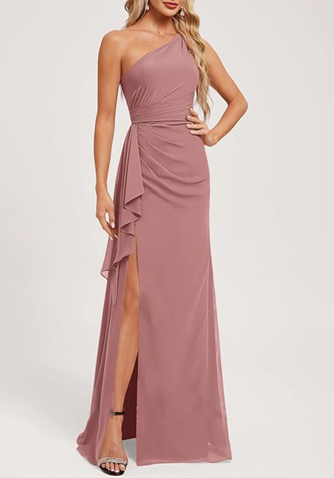 Desert Rose A-line One Shoulder Floor-Length Ruffled Georgette Gown