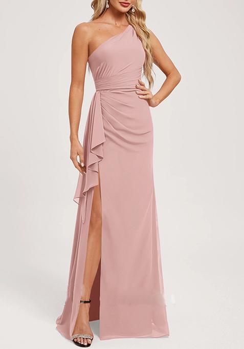 Sandy Pink A-line One Shoulder Floor-Length Ruffled Georgette Gown