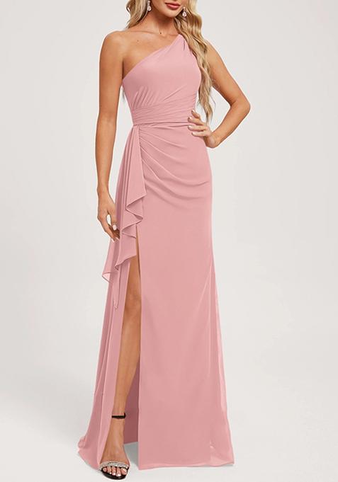 Blush Pink A-line One Shoulder Floor-Length Ruffled Georgette Gown