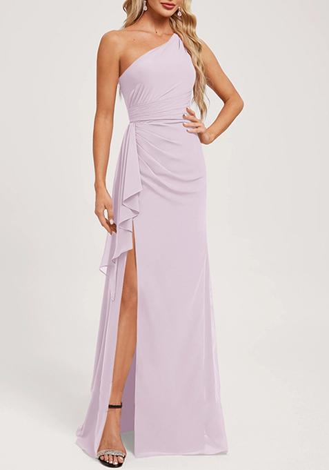 Dusty Lavender A-line One Shoulder Floor-Length Ruffled Georgette Gown