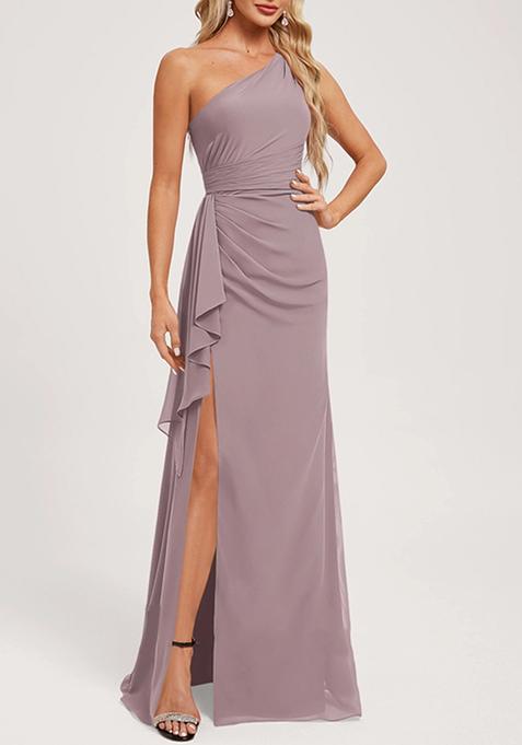 Dusty Purple A-line One Shoulder Floor-Length Ruffled Georgette Gown