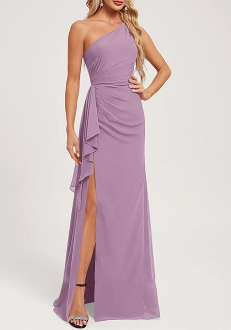 Lavender A-line One Shoulder Floor-Length Ruffled Georgette Gown