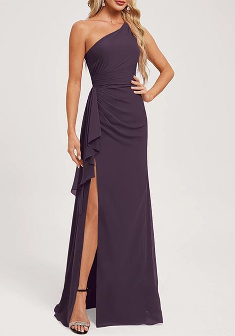 Purple A-line One Shoulder Floor-Length Ruffled Georgette Gown