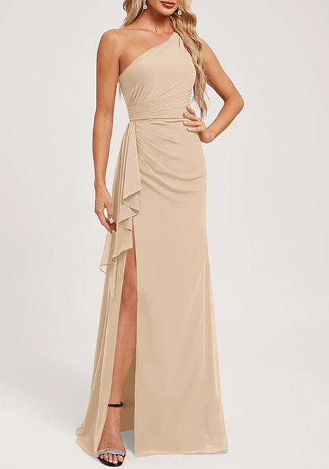 Beige A-line One Shoulder Floor-Length Ruffled Georgette Gown