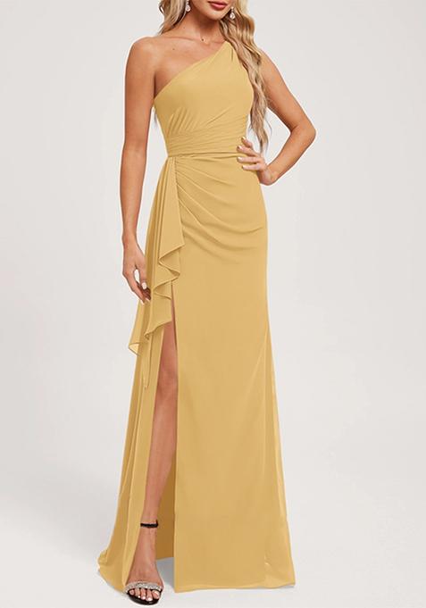 Golden A-line One Shoulder Floor-Length Ruffled Georgette Gown