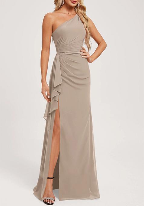 Grey A-line One Shoulder Floor-Length Ruffled Georgette Gown