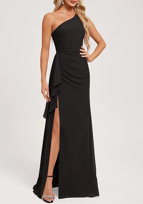 Black A-line One Shoulder Floor-Length Ruffled Georgette Gown