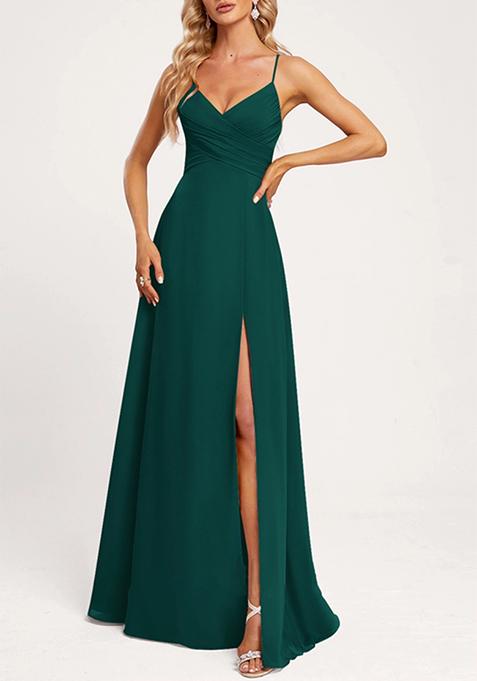 Emerald A-line V-Neck Floor-Length Georgette Gown