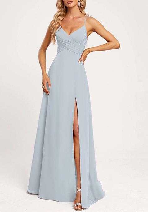 Ice Blue A-line V-Neck Floor-Length Georgette Gown