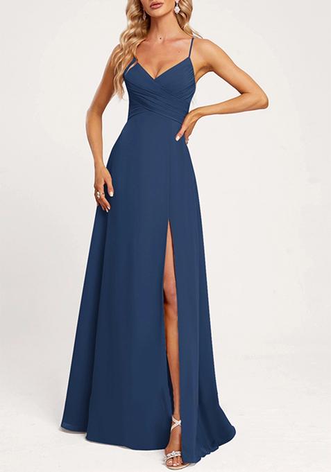 Navy Blue A-line V-Neck Floor-Length Georgette Gown