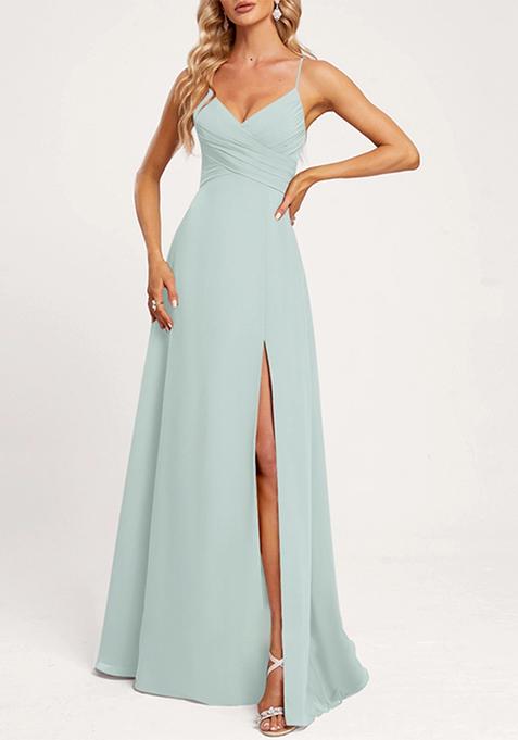 Sky Blue A-line V-Neck Floor-Length Georgette Gown