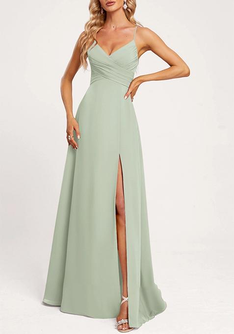 Pale Green A-line V-Neck Floor-Length Georgette Gown