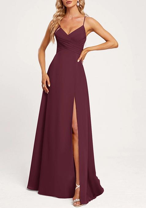 Wine A-line V-Neck Floor-Length Georgette Gown