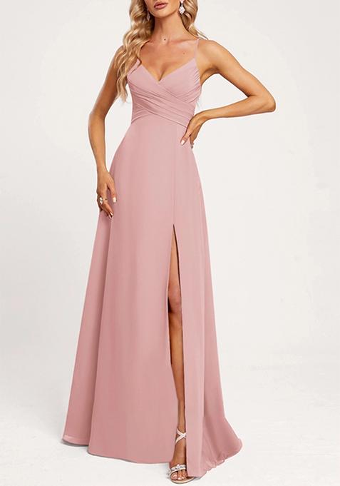 Blush Pink A-line V-Neck Floor-Length Georgette Gown