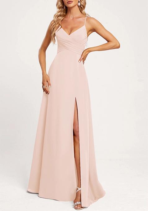 Blush Pink A-line V-Neck Floor-Length Georgette Gown