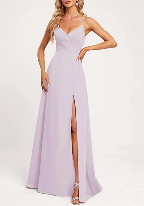 Dusty Lavender A-line V-Neck Floor-Length Georgette Gown