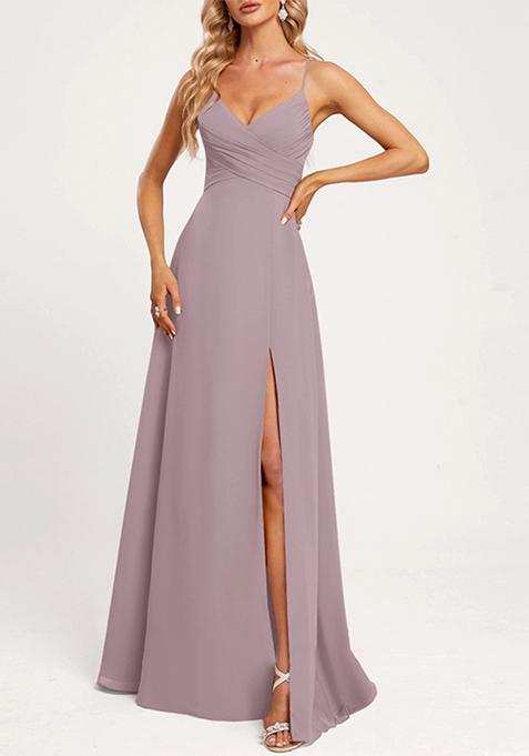 Dusty Purple A-line V-Neck Floor-Length Georgette Gown