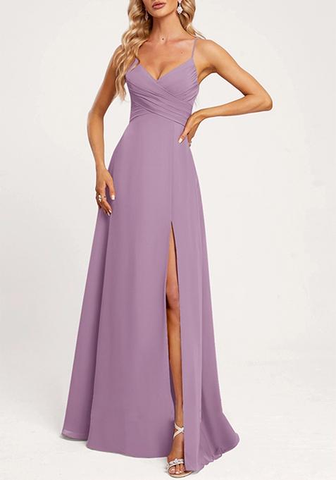 Lavender A-line V-Neck Floor-Length Georgette Gown