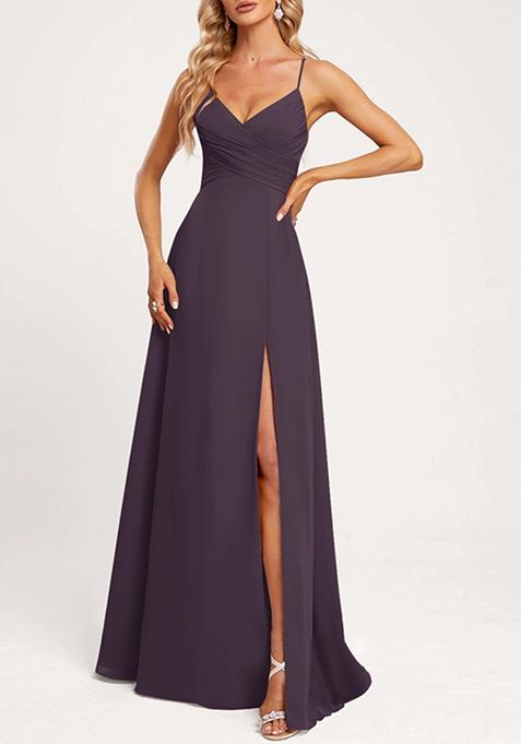 Purple A-line V-Neck Floor-Length Georgette Gown