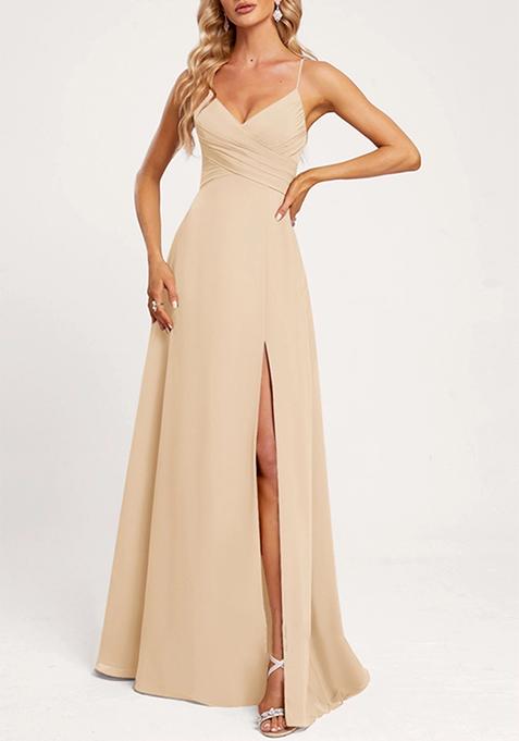 Beige A-line V-Neck Floor-Length Georgette Gown