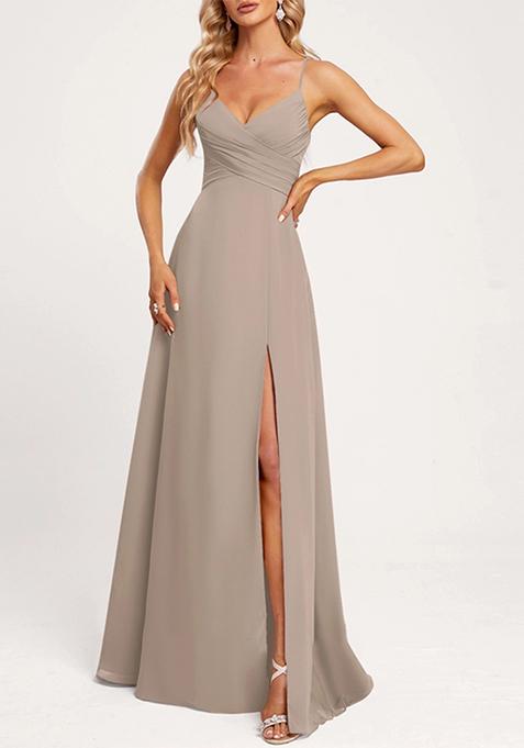 Golden A-line V-Neck Floor-Length Georgette Gown