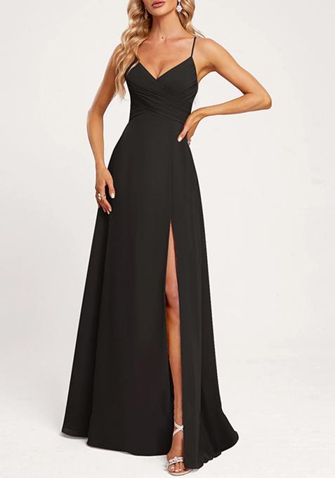 Black A-line V-Neck Floor-Length Georgette Gown